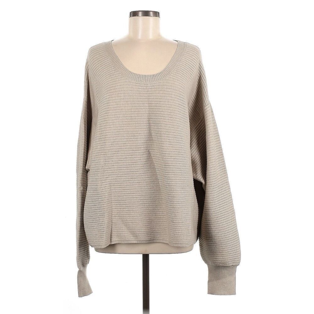 Good American Scoop Neck Ribbed Sweater in Light Taupe